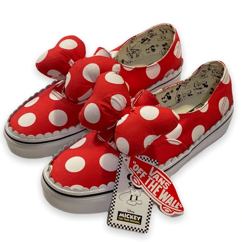 NWT Vans x Disney Minnie Mouse Red Polka Dot Puffy Bow Slip On Sneakers Size 9 - Picture 11 of 11